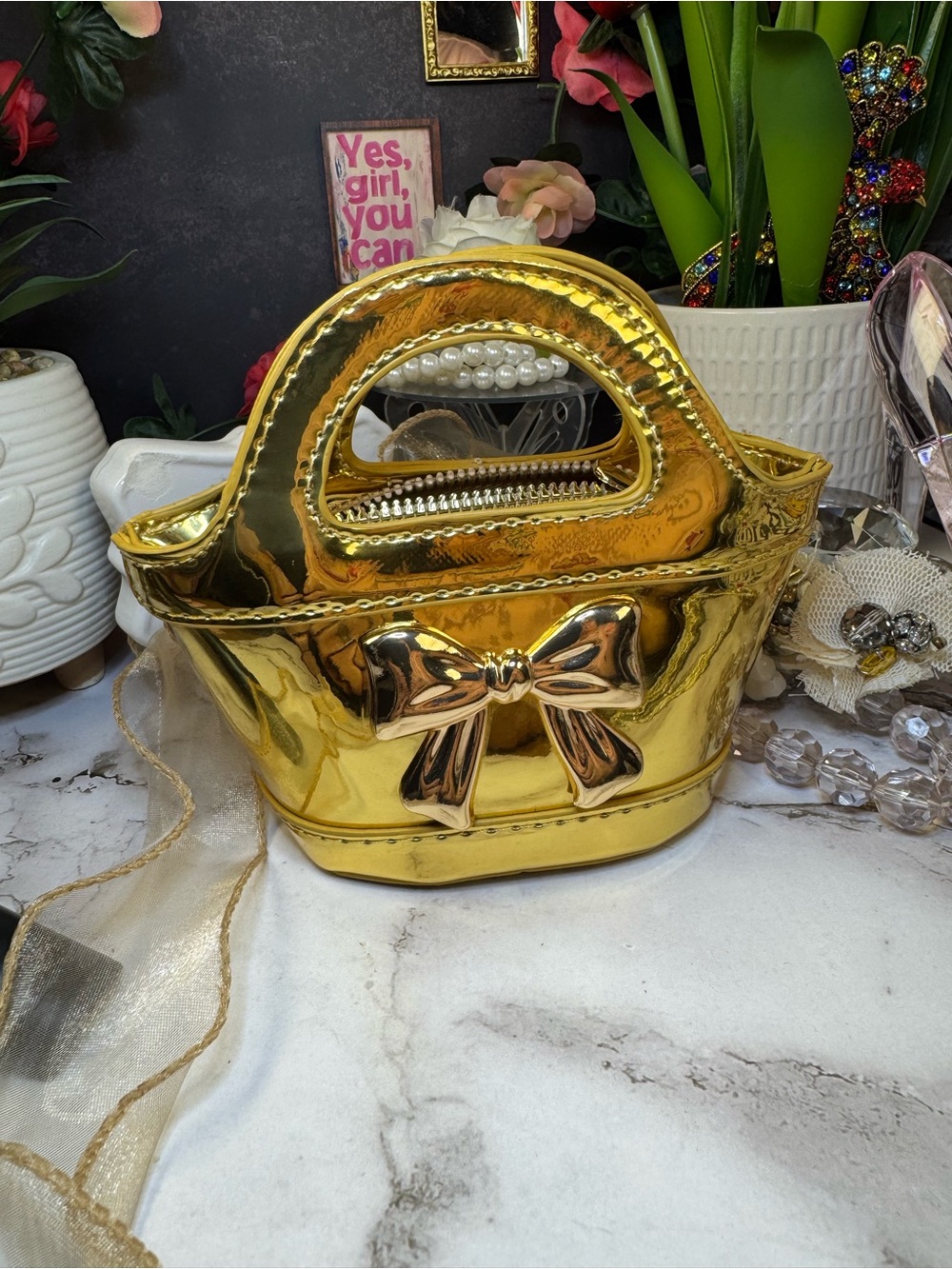 Gold Bow Accent Women's or Young Girl Handbag